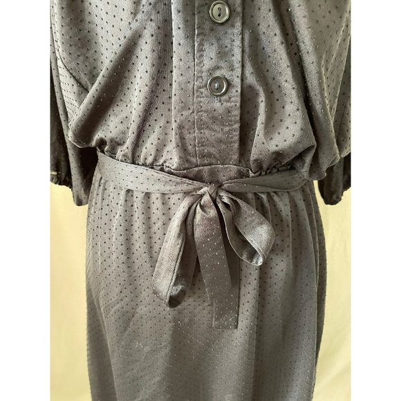 Vintage Black Sheer Embossed Polka Dot Pleated Half Button Down Tie Waist Dress - Picture 10 of 12